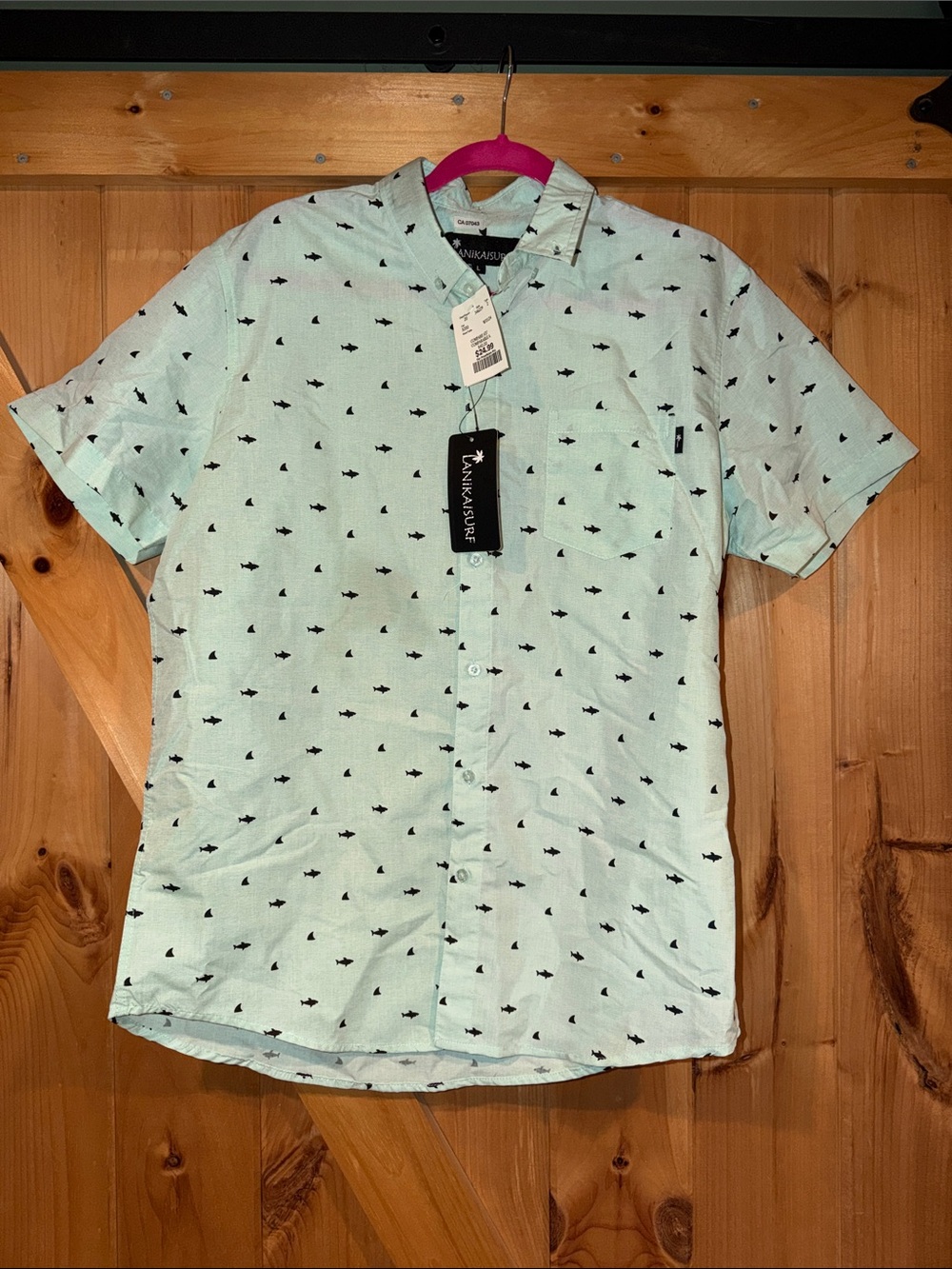 Mint Green Short-Sleeve Button-Up Shirt with Shark Print